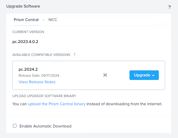 Manual upload of Prism Central Binaries